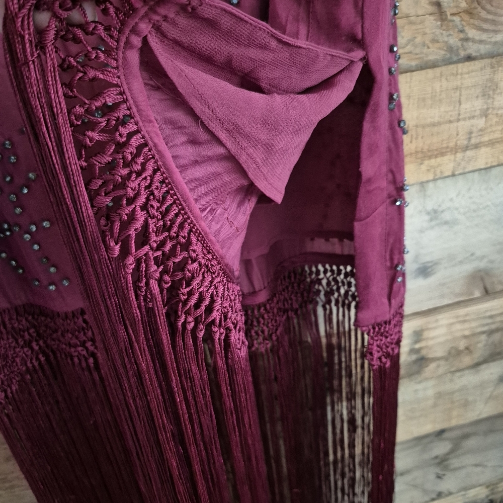 FREE PEOPLE Midnight Party Flapper Fringe Tunic Top Dress S Burgundy Boho Indie - Picture 8 of 16
